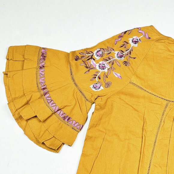 Free People Pavlo Embroidered Floral Ruffled Babydoll Tunic Goldenrod Sz S - NWT - Picture 4 of 11